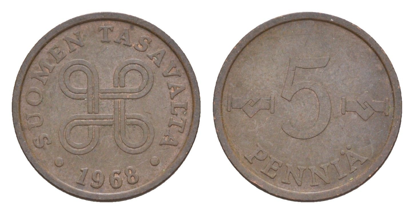 Финляндия 5 пенни 1968 KM 45 медь 4647-258