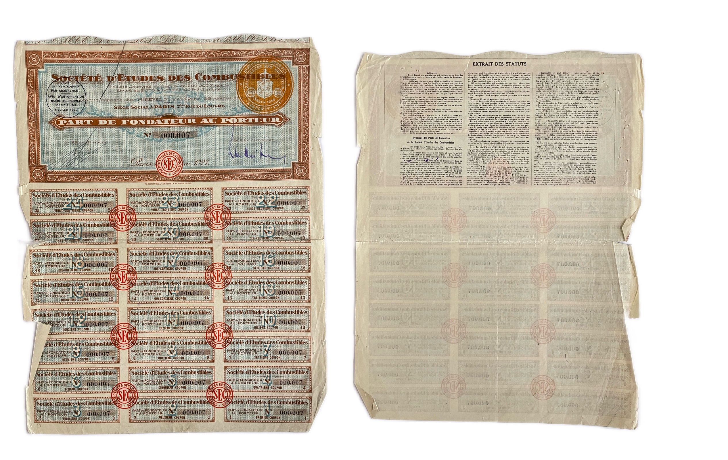 Венгрия купонный лист, доля учредителя на предъявителя 1927 24 купона, Societe d'etudes des combustibles (общество изучения топлива) бумага 48-38-1-2