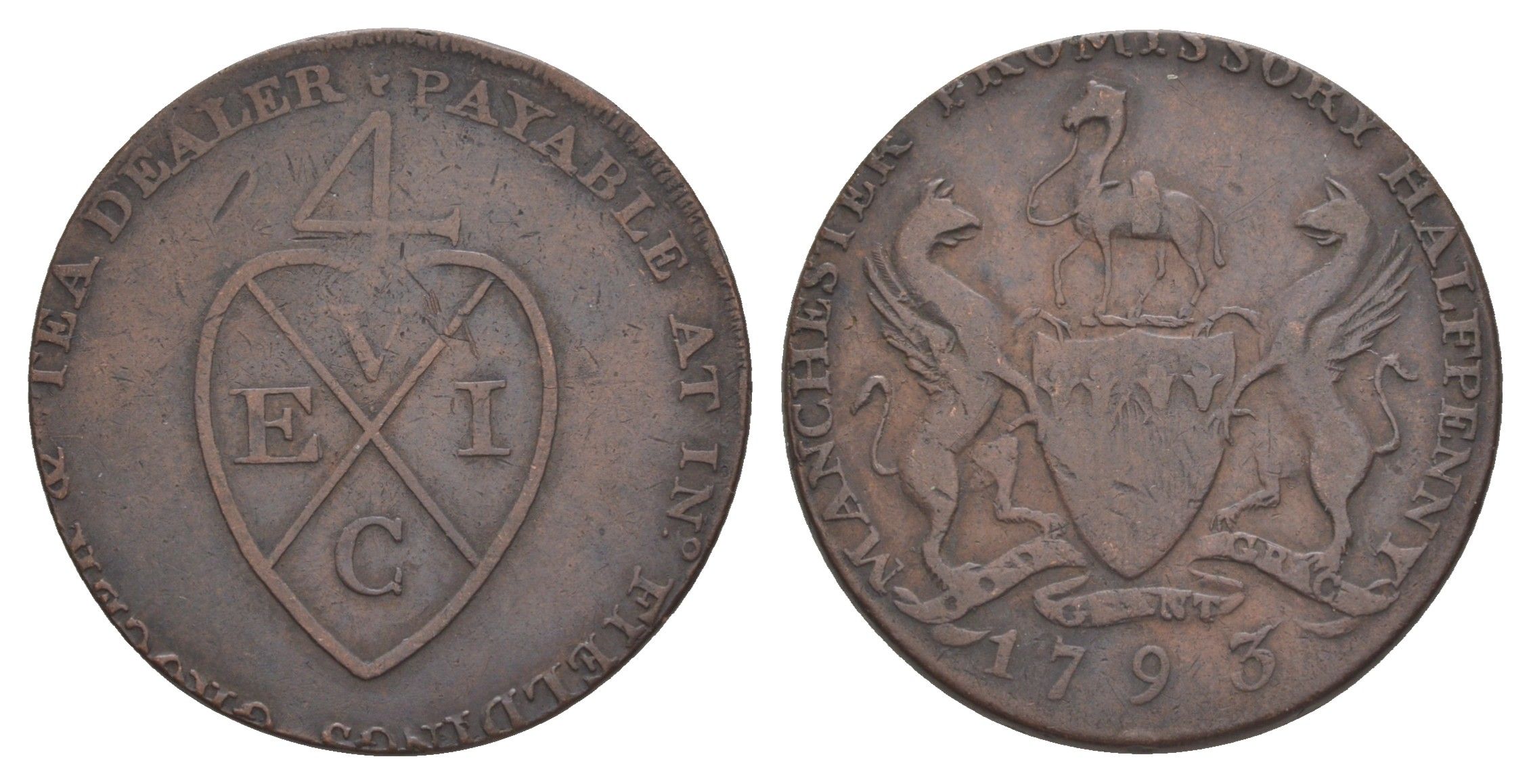 Великобритания, Ланкашир, Манчестер 1/2 пенни 1793 токен Dalton & Hamer 129 медь 1526-735