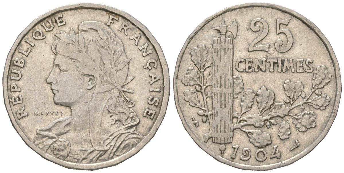 Франция 25 сантимов 1904 KM 856 никель 4616-457