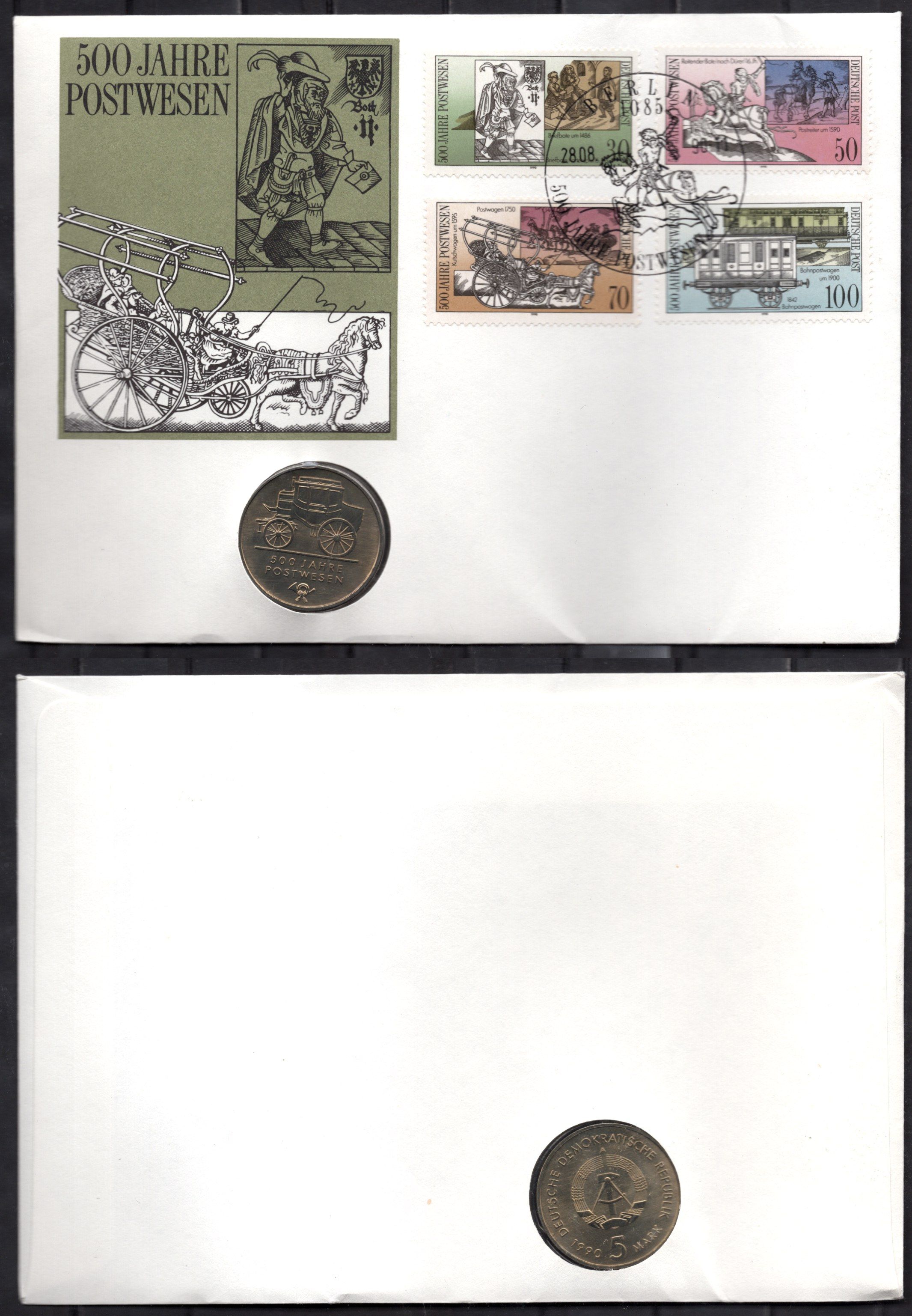 ГДР 5 марок 1990 500 лет почте, в конверте с маркой (КПД - Конверт первого дня Гашения) KM 134 медь цинк никель UNC 9000-53
