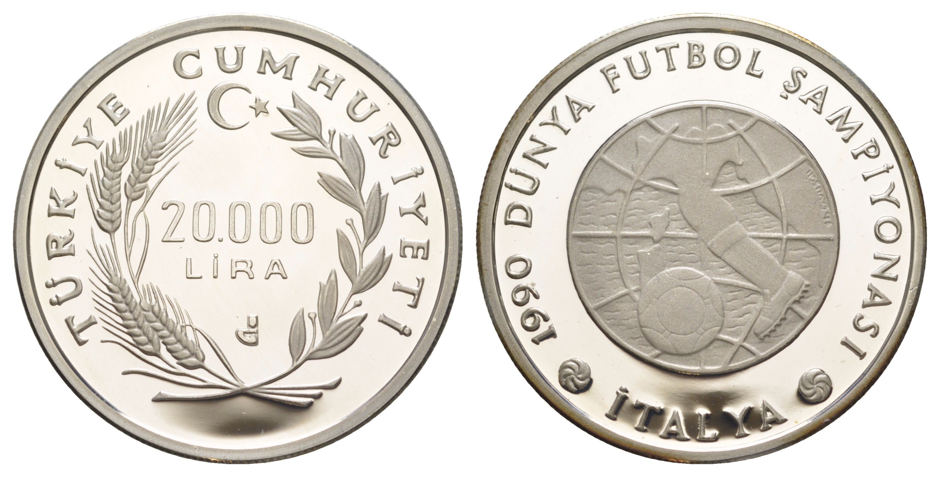 Турция 20000 лир 1990 Чемпионат мира по футболу 1990, Глобус KM 992 серебро PROOF 1083-1-12