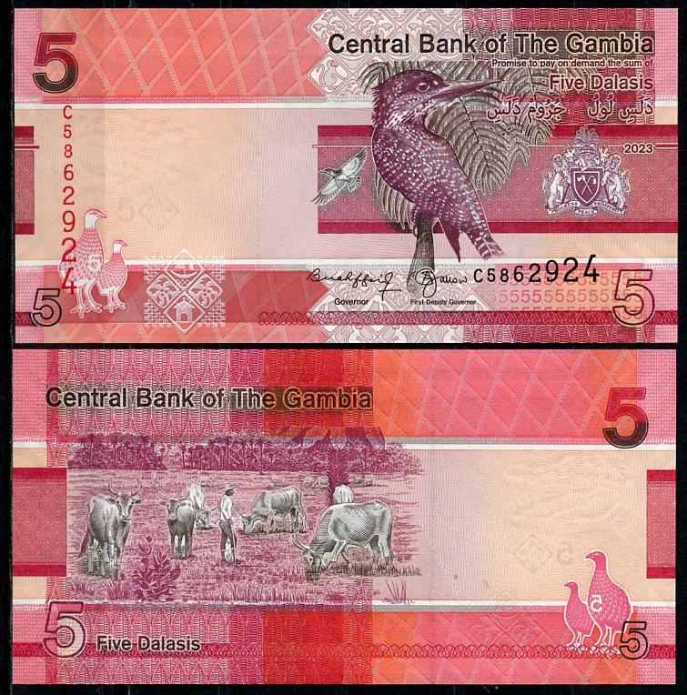 Гамбия 5, 10, 20, 50, 100 и 200 даласи 2023 серия птиц Pick 37, 38, 39, 40, 41, 42  бумага  UNC (пресс) 448-14-1-2