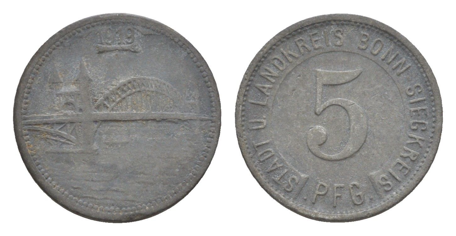 Бонн и Зигкрайс 5 пфеннигов 1919 Funck 52.5, Men05 3225.1, Men18 4140.1 цинк 4643-864