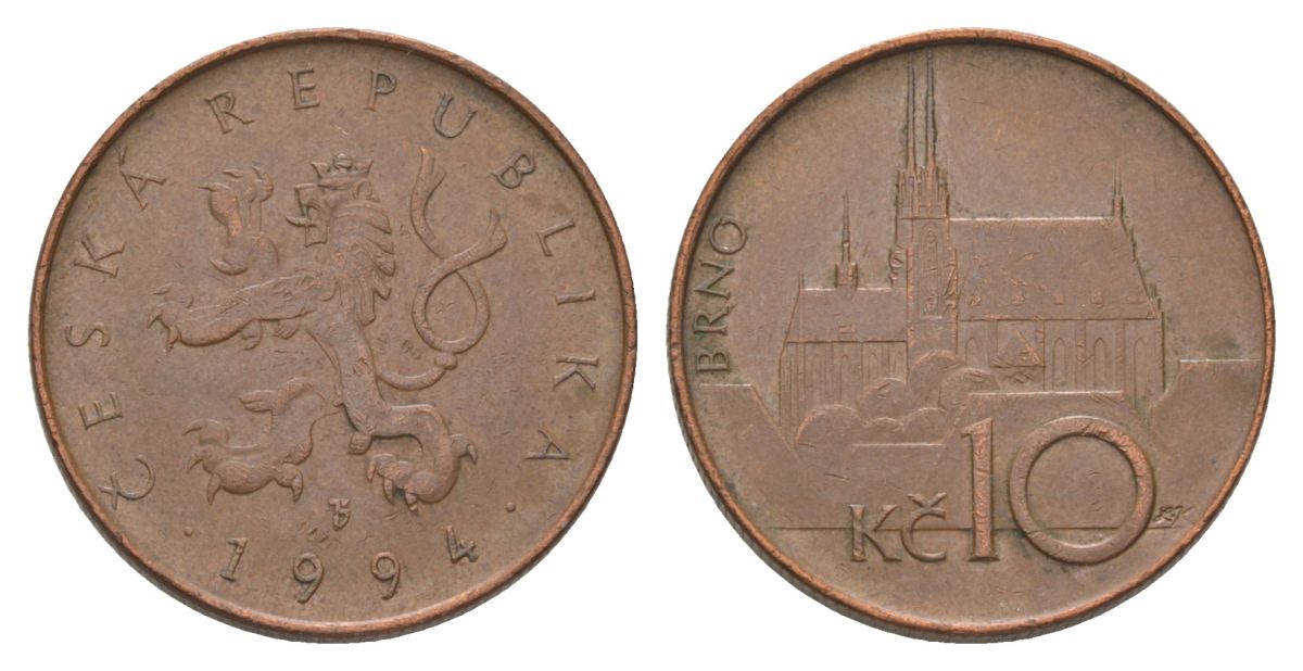 Чехия 10 крон 1994 кафедральный собор, город Брно KM 4 сталь плакированная медью 4622-415