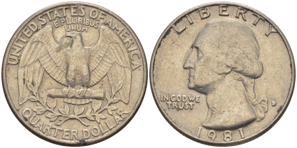 США 25 ЦЕНТОВ = КВОТЕР 1981 D, ВАШИНГТОН KM А164а медь плакированная медно-никелем 31-741