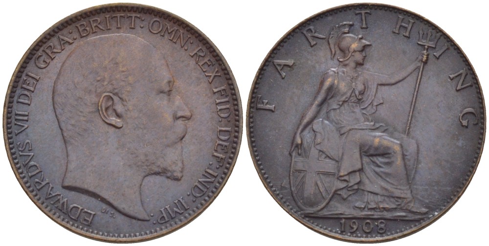 Великобритания 1 фартинг 1908 Эдуард VII (1901-1910), KM 792, Spink 3992 бронза 4543-1011