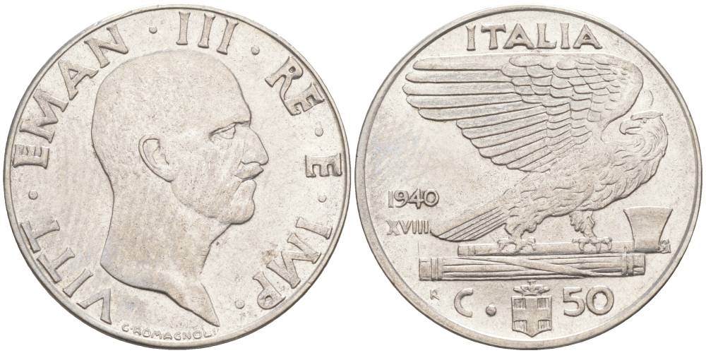 ИТАЛИЯ 50 ЧЕНТЕЗИМО 1940 R, ГОД XVIII, ВИКТОР ЭММАНУИЛ III (1900-1946), немагнитная, ГУРТ РИФЛЁНЫЙ KM 76а, VEM3. 1062a) нержавеющая сталь 3853-255