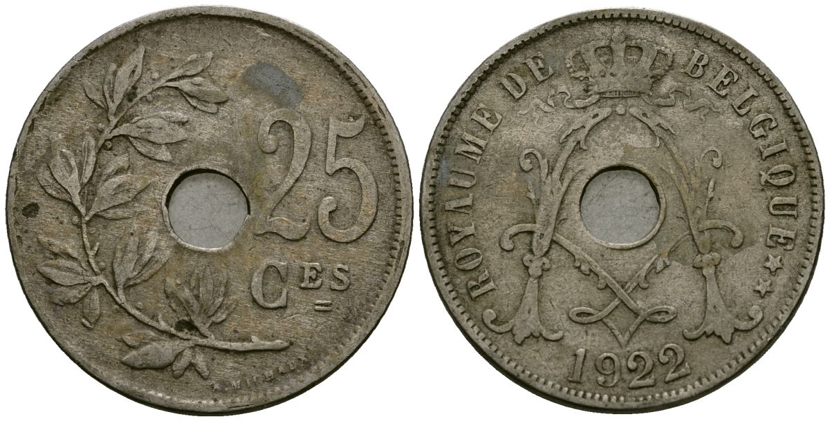 Бельгия 25 сантимов 1922 Belgique KM 68 медно-никель 4165-435