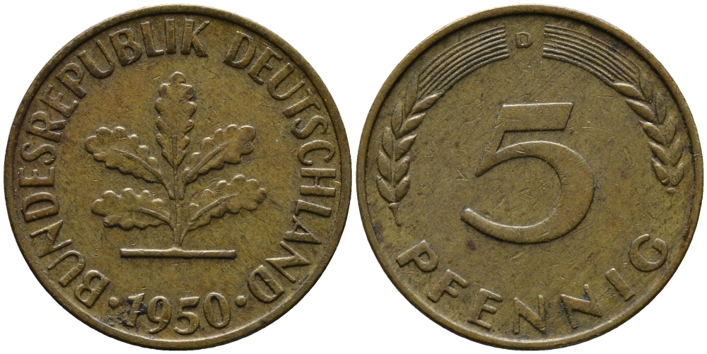 ФРГ 5 ПФЕННИГОВ 1950 D KM 108, J.383 сталь плакированная латунью 33-211