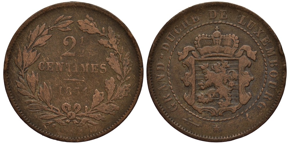 ЛЮКСЕМБУРГ 2 1/2 САНТИМА 1854 u, ГЕРЦОГ ВИЛЛЕМ III НИДЕРЛАНДСКИЙ (1849-1890), МОНДВОР УТРЕХТ КМ 21 бронза 4538-745
