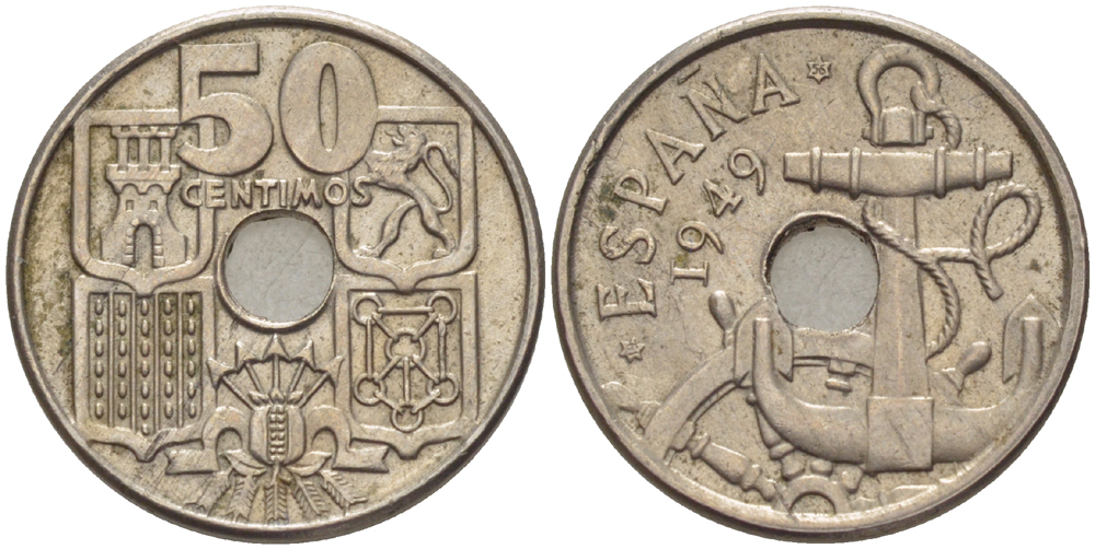 Испания 50 сентимо 1949 (56) Франко (1939-1975), морская атрибутика KM 777 медно-никель 216-526