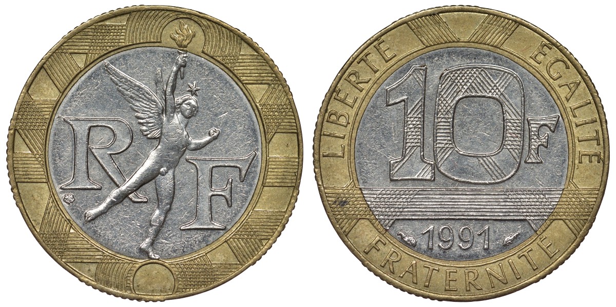 Франция 10 франков 1991 тип гений Бастилии KM 964.1, Le Frank 375.6 биметалл 4128-522