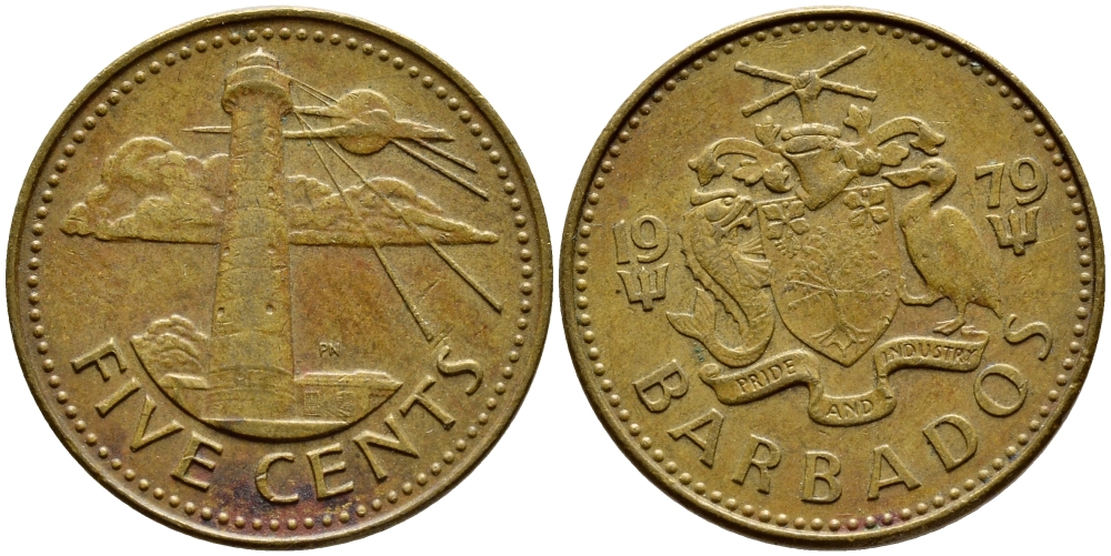 Барбадос 5 центов 1979 маяк Саут-Пойнт KM 11 латунь 4398-522