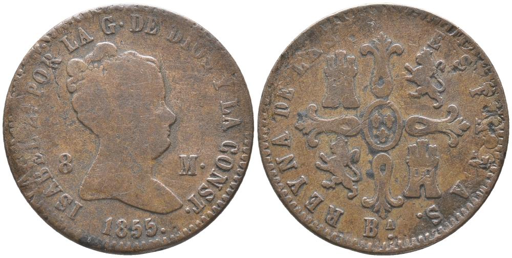 ИСПАНИЯ 8 МАРАВЕДИ 1855 В, ВA, КОРОЛЕВА ИЗАБЕЛЛА II (1833-1868) KM 531.1 (С170.1) медь 35-315