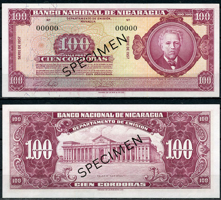 Никарагуа 100 кордоба 1957 Хосе Долорес Эстрада, национальный дворец, SPECIMEN, образец, существуют только образцы Pick 104 s  бумага  UNC (пресс) 10-2-29-3
