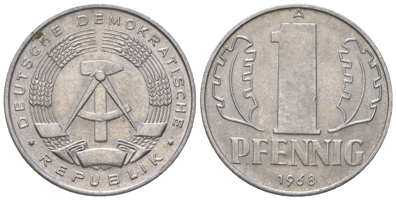 ГДР 1 пфенниг 1968 А КМ 8.1 алюминий аUNC 4615-1214