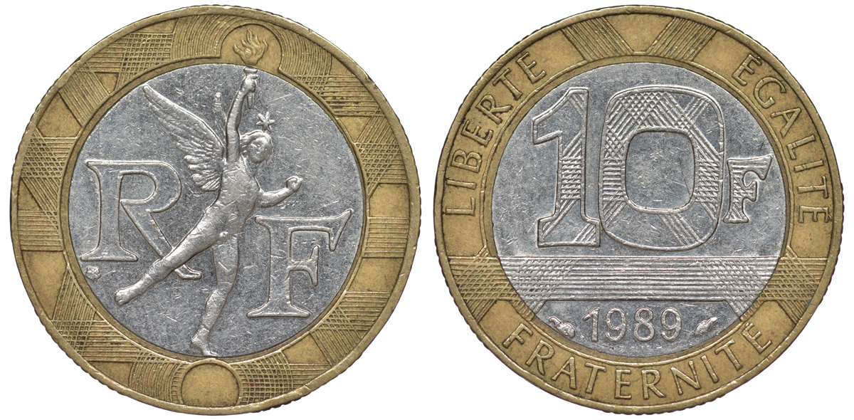 Франция 10 франков 1989 тип гений Бастилии KM 964.1, Le Franc 375.3 биметалл 45-544
