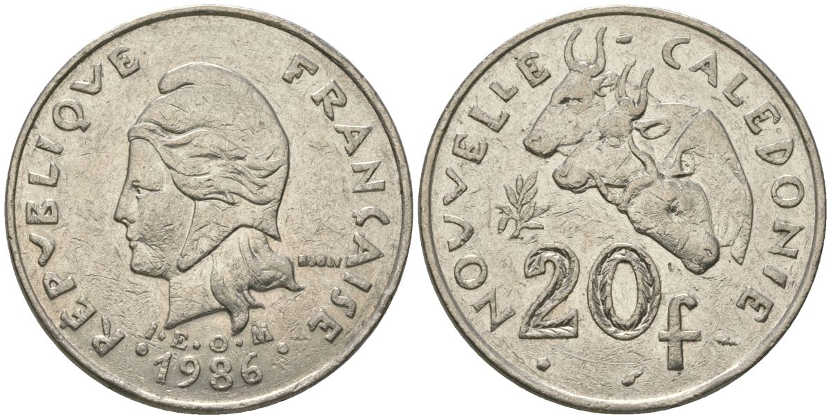 Французская Новая Каледония 20 франков 1986 три быка, (IEOM) KM 12, Schoen 14, Lec 112 никель 4680-944