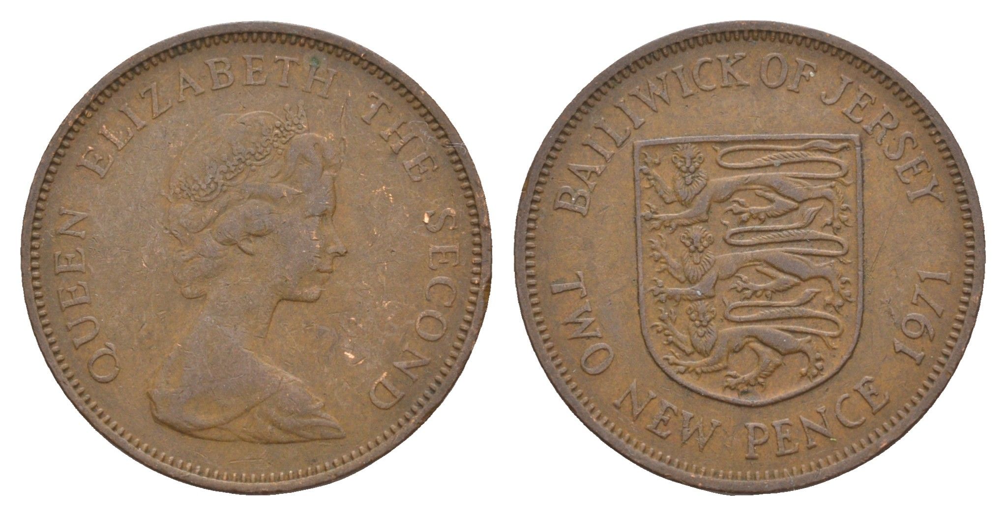 Джерси 2 новых пенса 1971 герб, Елизавета II (1952-2022) KM 31 бронза    4660-211