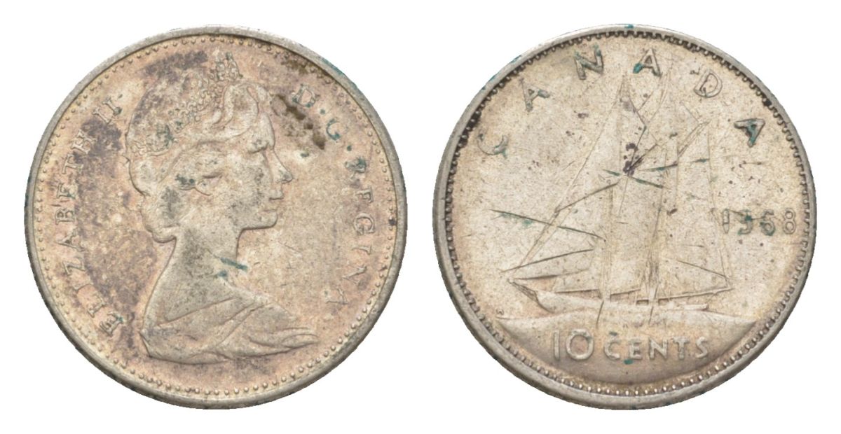 Канада 10 центов 1968 Елизавета II (1952-2022), парусник KM 72 серебро 4623-964