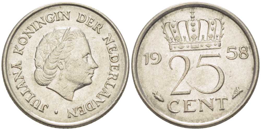 НИДЕРЛАНДЫ 25 ЦЕНТОВ 1958 ЮЛИАНА KM 183 никель 66-834