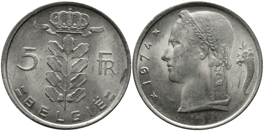 БЕЛЬГИЯ 5 ФРАНКОВ 1974 BELGIE KM 135.1 медно-никель 98-557