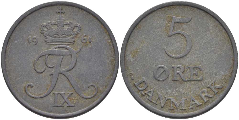 ДАНИЯ 5 ЭРЕ 1961 C; S, ФРЕДЕРИК IX (1947-1972) KM 843.2 цинк 38-421