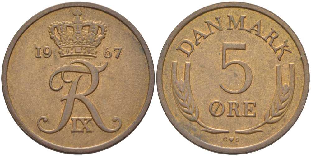 ДАНИЯ 5 ЭРЕ 1967 C; S, ФРЕДЕРИК IX (1947-1972) KM 848.1 бронза 67-754