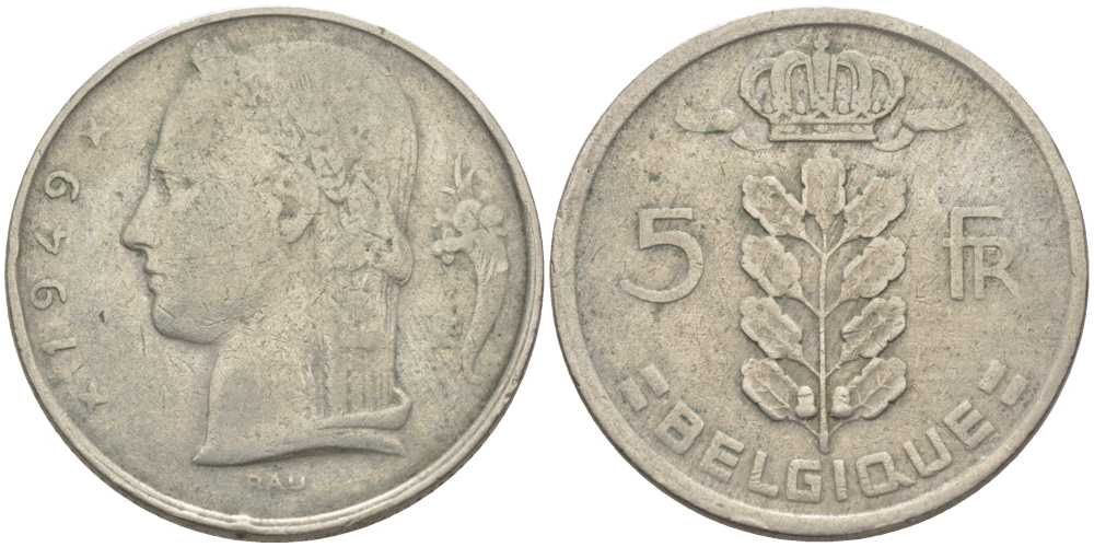 Бельгия 5 франков 1949 Леопольд III (1934-1950), Belgique KM 134.1 медно-никель 119-712