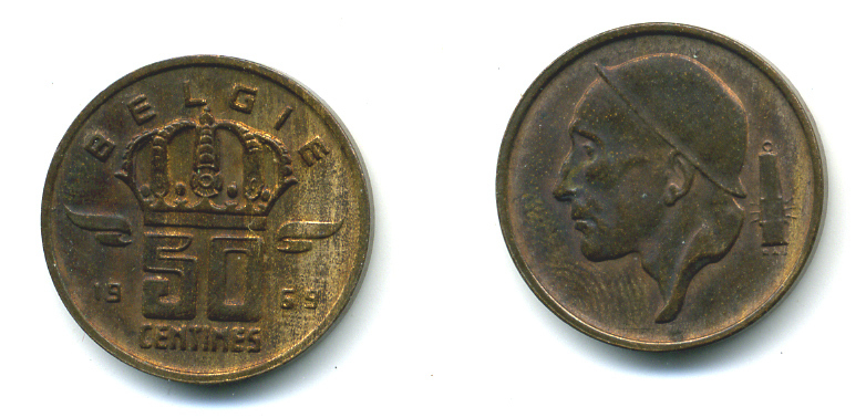 Бельгия 50 сантимов 1969 Belgie, Бодуэн I (1951-1993) KM 149.1 бронза 86-823