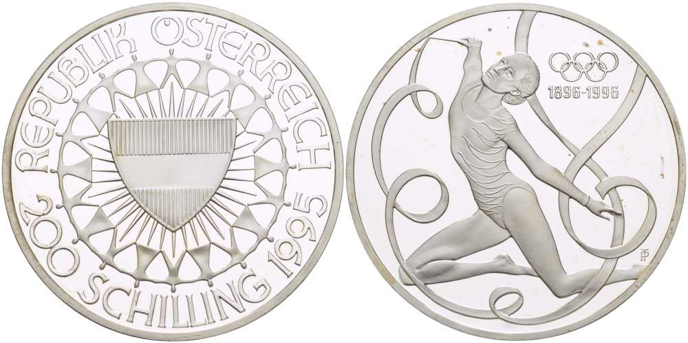 Австрия 200 шиллингов 1995 100 лет Олимпийским играм, гимнастика KM 3027 серебро PROOF 1085-6-33