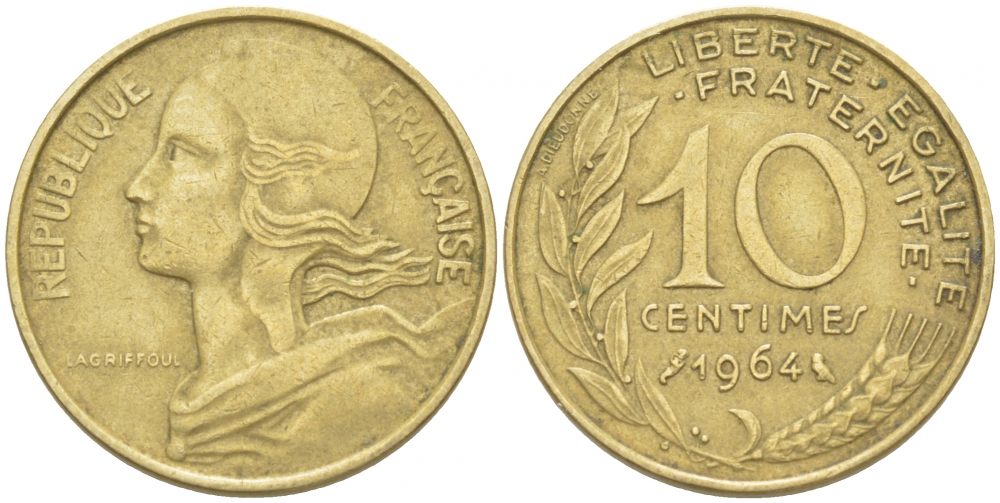 ФРАНЦИЯ 10 САНТИМОВ 1964 ТИП MARIANNE KM 929 медь алюминий никель 4516-837