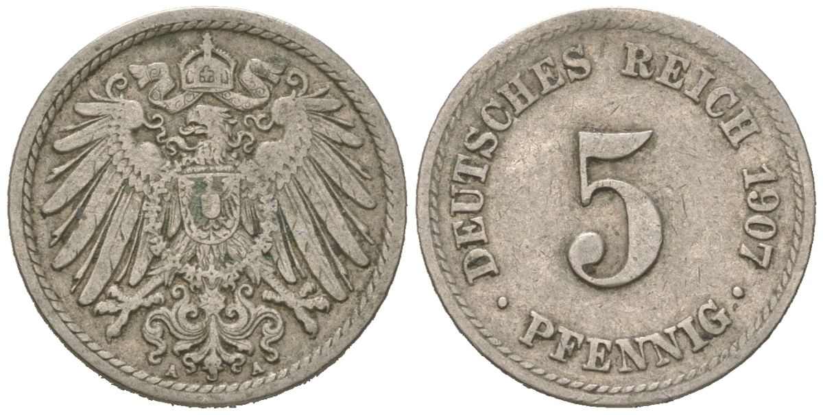 Германия 5 пфеннигов 1907 A, Вильгельм II (1888-1918) KM 11, J. 12 медно-никель 4615-734