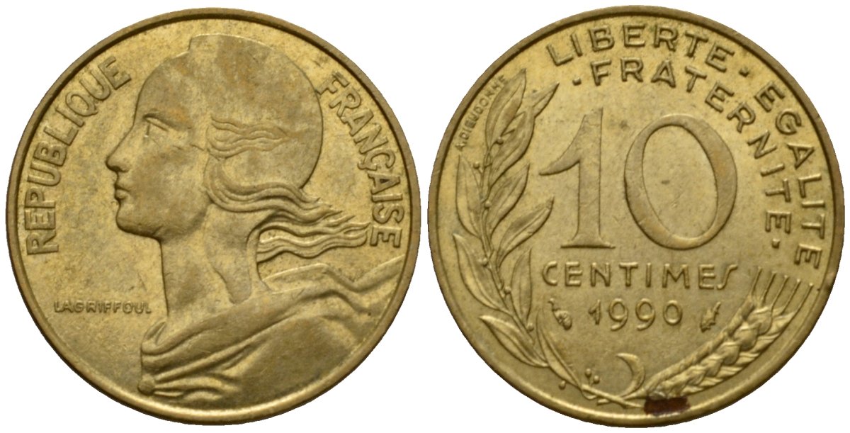 Франция 10 сантимов 1990 тип Marianne KM 929 алюминиевая бронза 4390-621