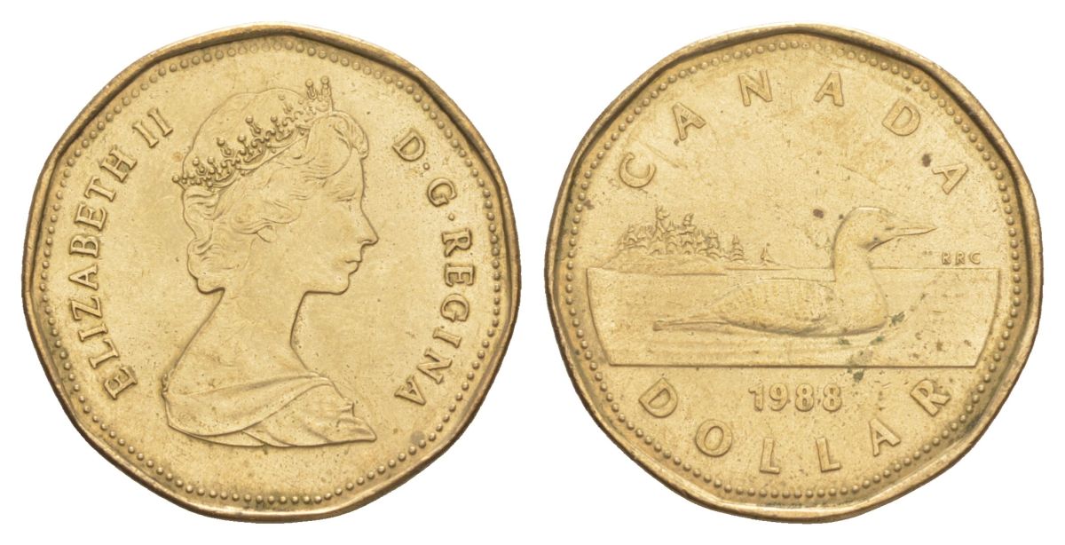 Канада 1 доллар 1988 Елизавета II (1952-2022), утка KM 157 никель плакированный позолоченной бронзой 4631-746