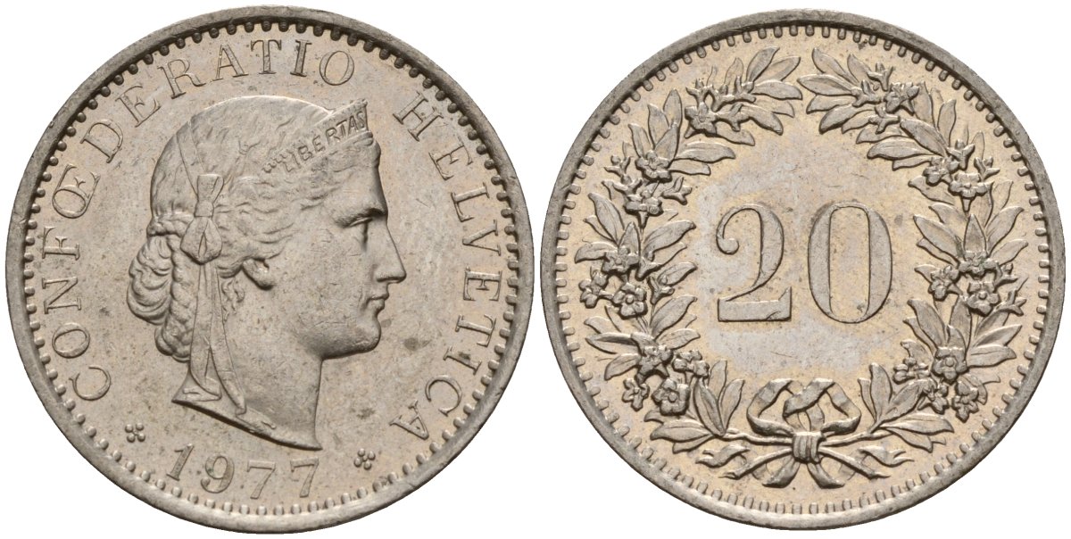 Швейцария 20 раппенов 1977 KM 29a медно-никель 4187-757