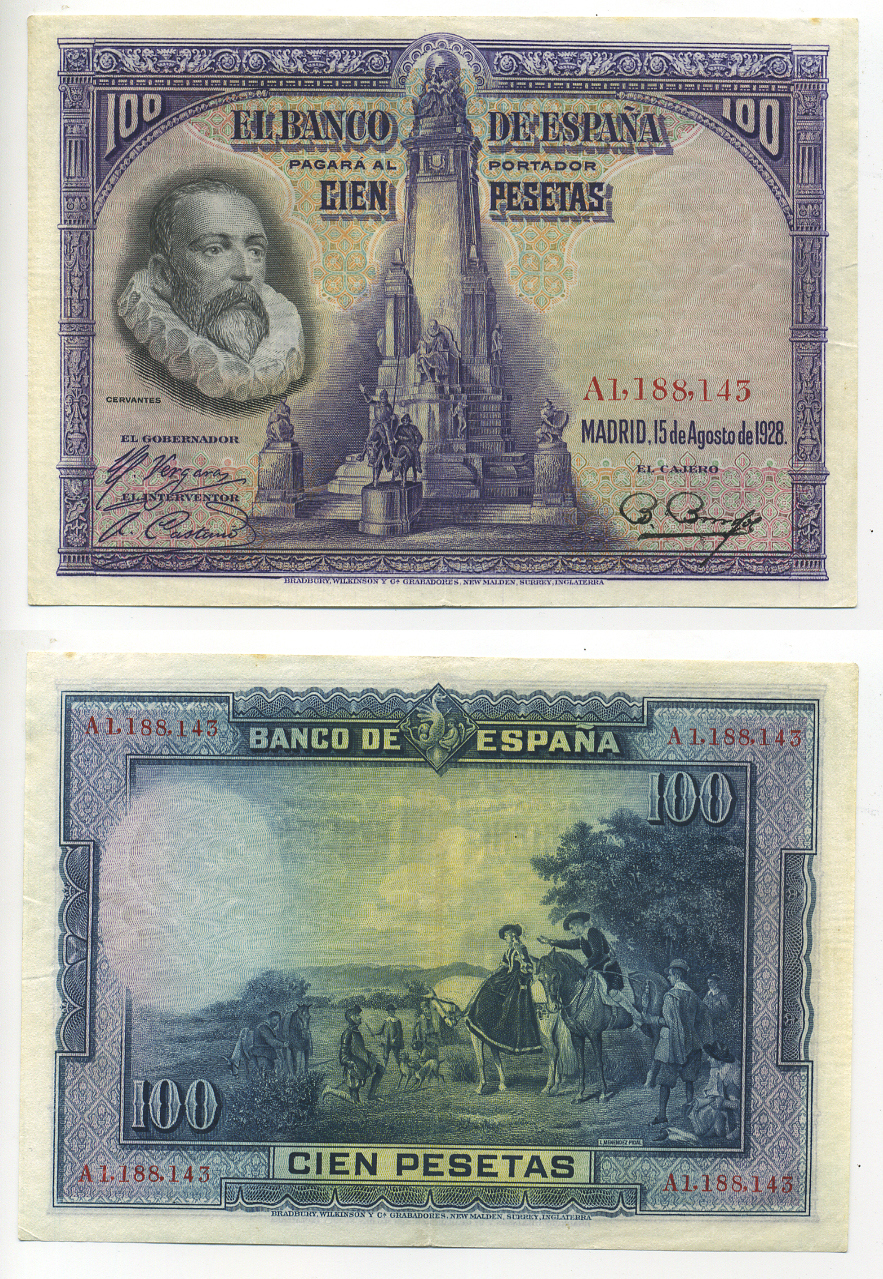 Испания 100 песет 1928 Мигель де Сервантес Сааведра, памятник Сервантесу, картина Дон Кихот Pick 76 а бумага 6278-14-3
