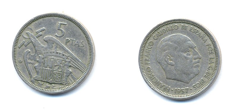 ИСПАНИЯ 5 ПЕСЕТ 1957 (58) ФРАНСИСКО ФРАНКО ДИКТАТОР ИСПАНИИ (1939-1975) KM 786 медно-никель 54-1315