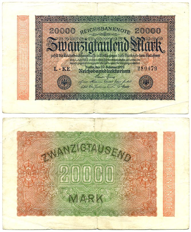 ГЕРМАНИЯ 20000 МАРОК 1923 20 ФЕВРАЛЯ 1923, ВОДЯНОЙ ЗНАК L Pick 85a бумага 7116-11-1