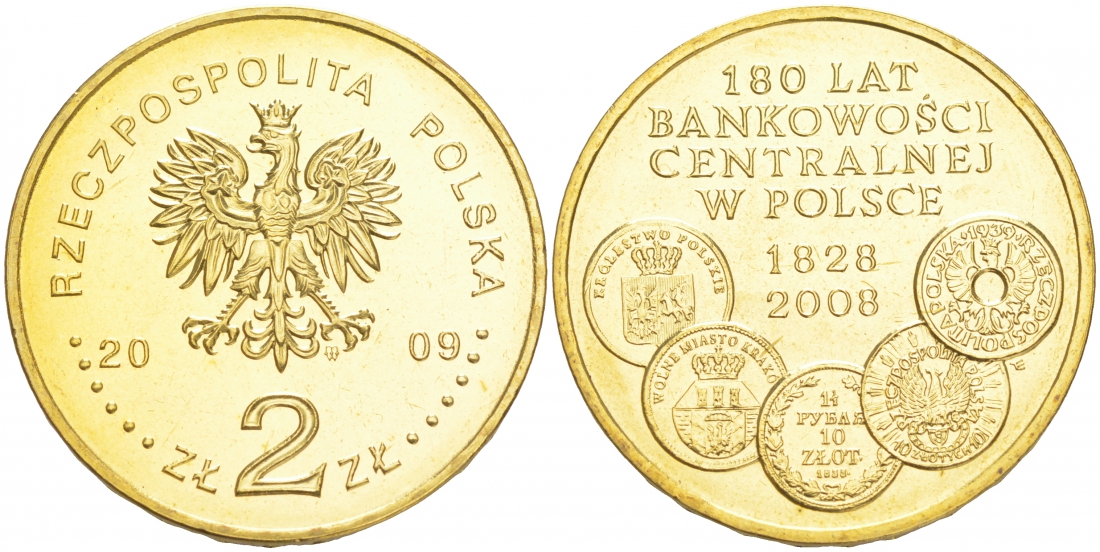 Польша 2 злотых 2009 MW, 180 лет центральному банку Польши KM 675 латунь UNC M19-10