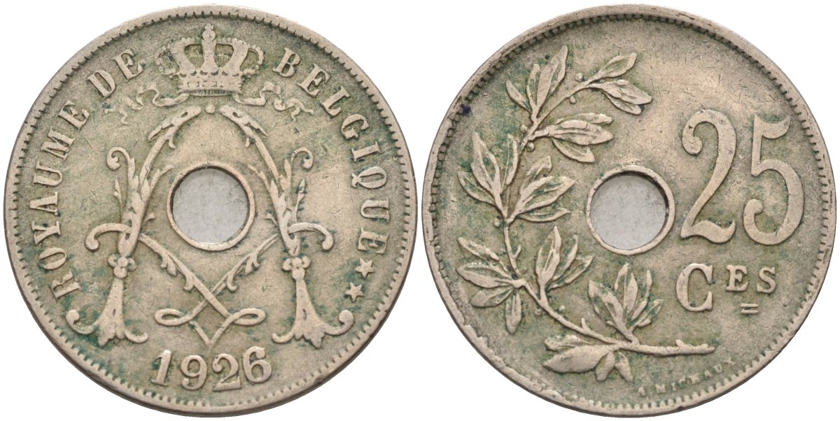 Бельгия 25 сантимов 1926 BELGIQUE, Альберт I KM 68 медно-никель 4591-854