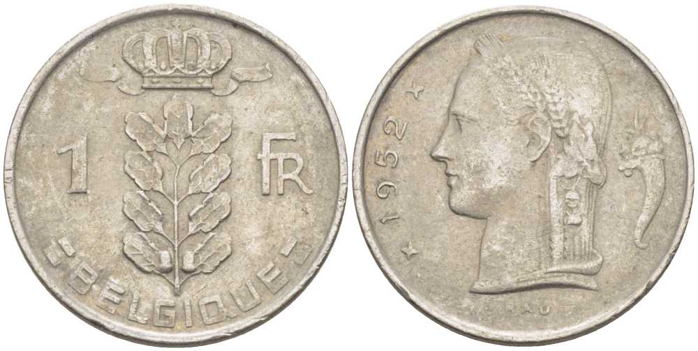 БЕЛЬГИЯ 1 ФРАНК 1952 BELGIQUE, БОДУЭН I (1951-1993) KM 142.1 медно-никель 119-435