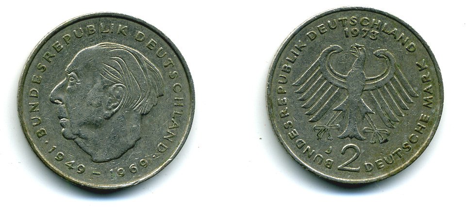ФРГ 2 МАРКИ 1973 J, ТЕОДОР ХОЙС KM 127, J. 407 медно-никель плакированный никелем 35-1256
