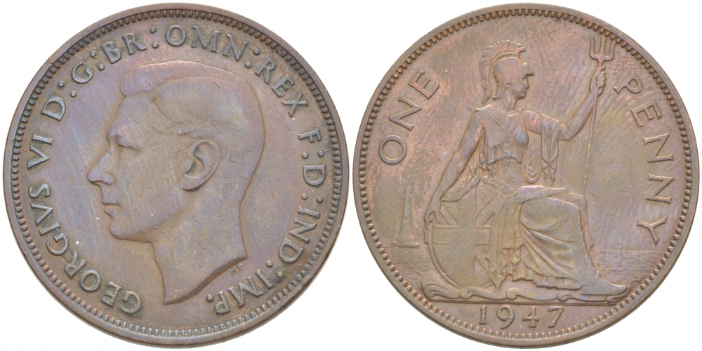 Великобритания 1 пенни 1947 Георг VI (1936-1952) KM 845, Spink 4114 бронза 4403-825