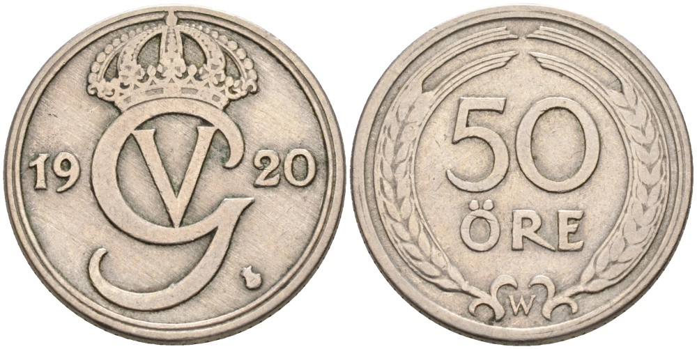 Швеция 50 эре 1920 W, Густав V (1907-1950), oval O KM 796 никель бронза 73-1027