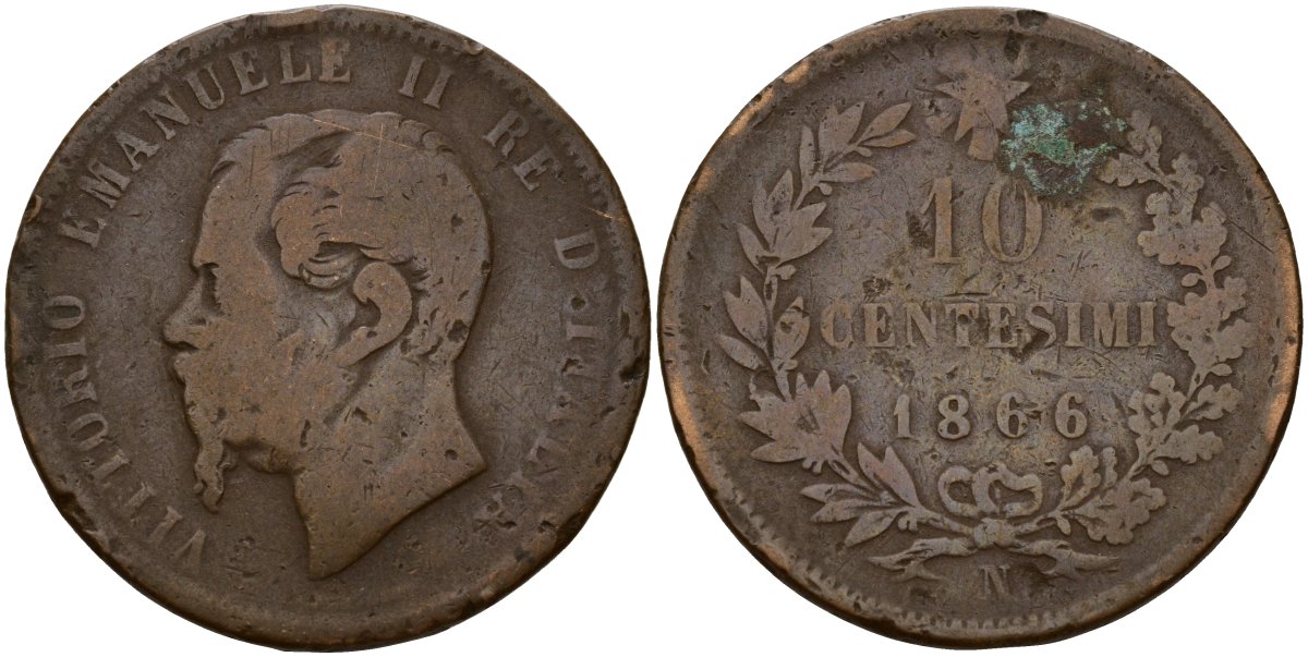 Италия 10 чентезимо 1866 N, Виктор Эммануил II (1861-1878) KM 11.1 медь 4149-1211