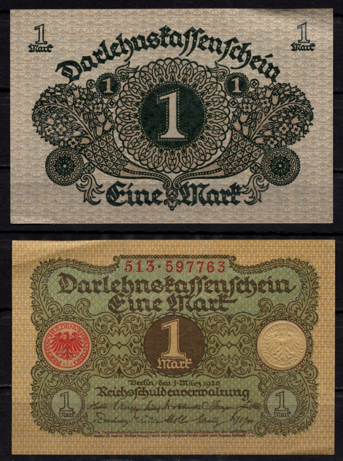 Германия 1 марка 1920 Pick 58 бумага 7198-35-3-1
