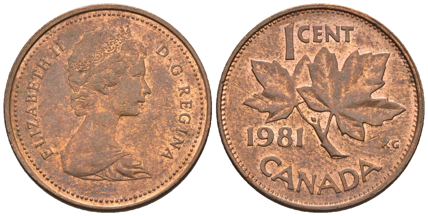 Канада 1 цент 1981 Елизавета II (1952-2022), кленовый лист KM 127 бронза 4609-158