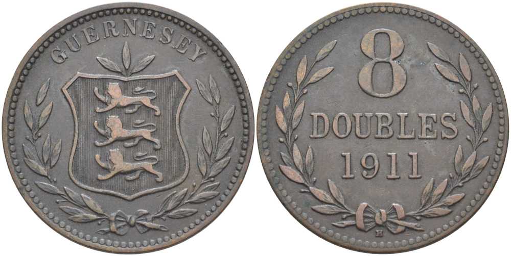 Гернси 8 даблов (дублей) 1911 KM 7 бронза 3996-535